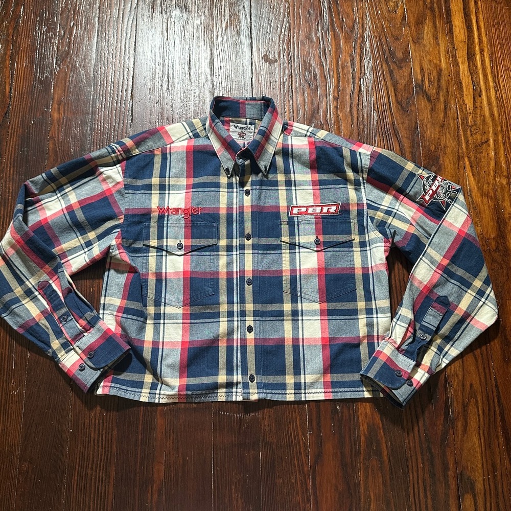 Wrangler PBR Shirt Mens Large Plaid Professional Bull Riders Rodeo‎ Cropped